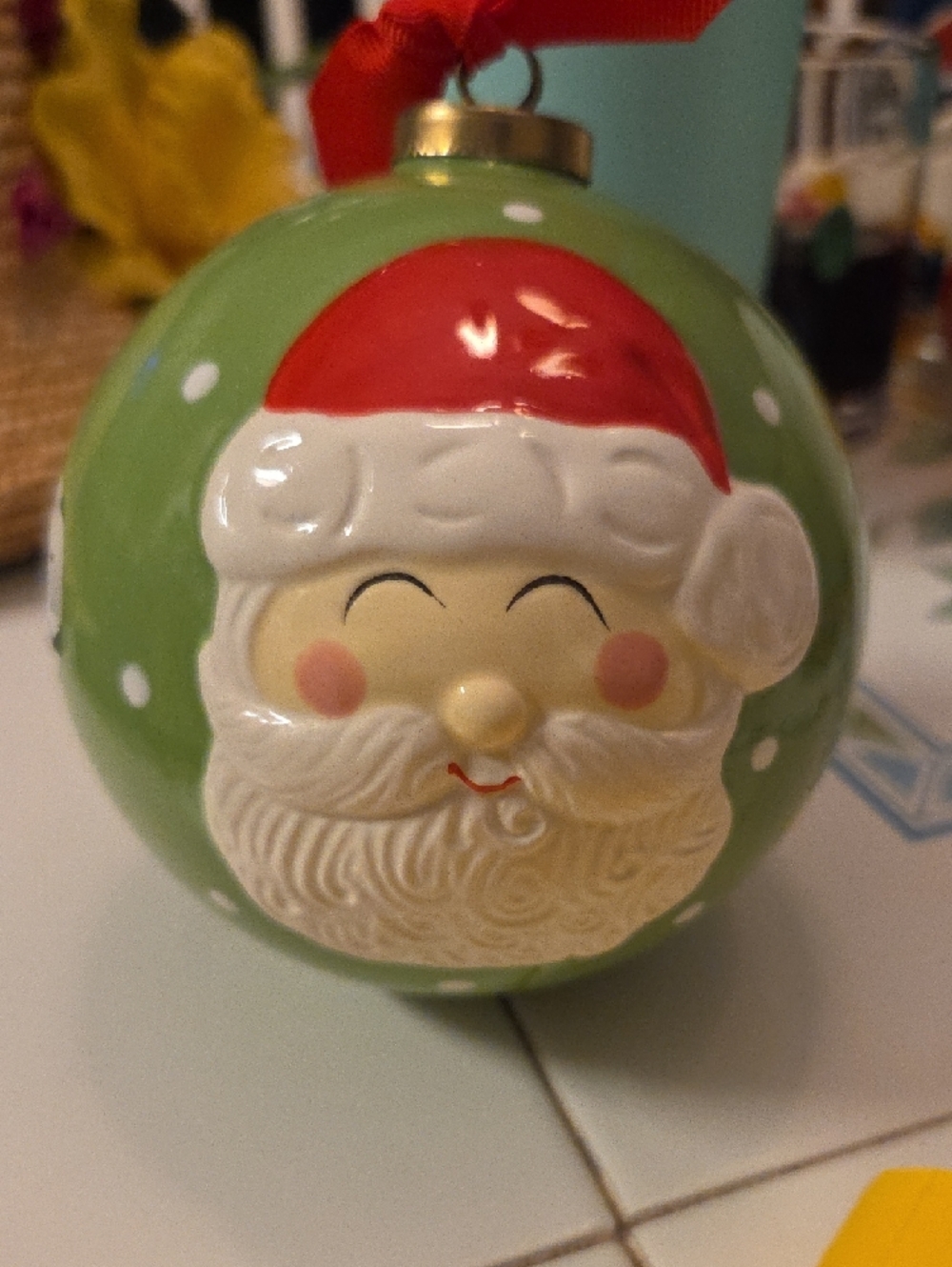 Whimsical Santa Face On Both Sides Green Christmas Ornament Ball